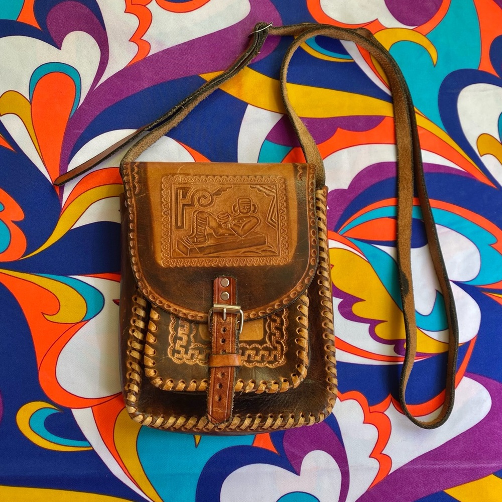 Vintage small tooled leather crossbody purse